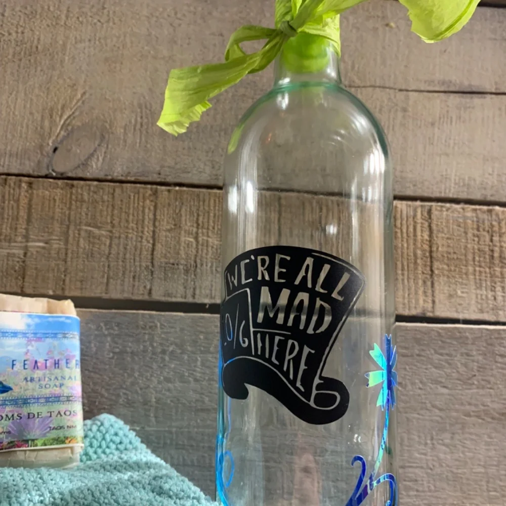 Hand Crafted- ‘We’re All Mad Here’ logo Mad Hat Wine Bottle Lantern